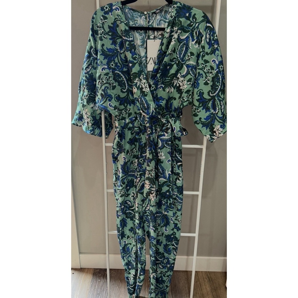 Zara Womens Paisley Satin Jumpsuit Green Blue White M‎ V-Neck Boho Romantic Hobo